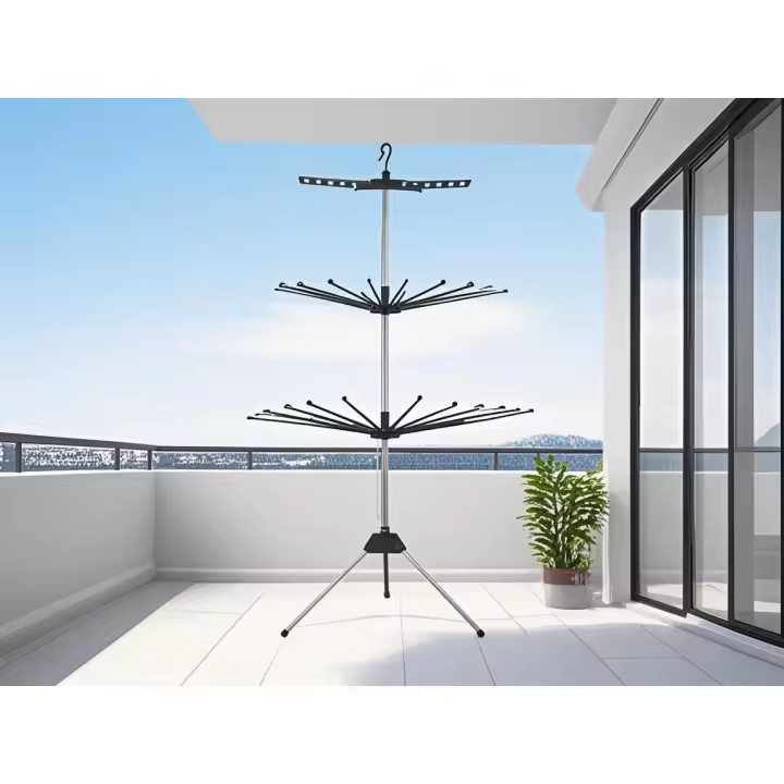 Tendedero giratorio de tres niveles Perchero plegable para balcón Secador de ropa multifuncional para interior y exterior Barra de secado ajustable y extensible - 1