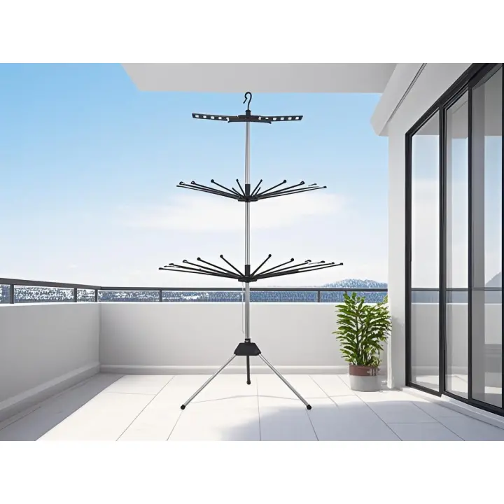 Tendedero giratorio de tres niveles Perchero plegable para balcón Secador de ropa multifuncional para interior y exterior Barra de secado ajustable y extensible - 1