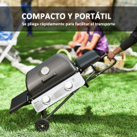 Outsunny Barbacoa de Gas con 2 Quemadores de Acero Inoxidable 2,8 KW Barbacoa Portátil con Mesas Laterales Plegables Bandeja Extraíble Termómetro y 2 Ruedas para Pícnic Camping 101x50x102 cm Negro - details 3