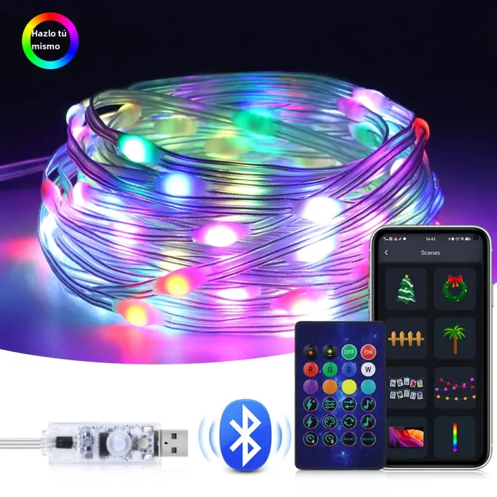 Luces De Fairy LED RGBIC WS2812B 5V USB Bluetooth Garland Para Fiesta Navidad Boda Decoración Cuerda De Luces Addressable Dreamcolor - 1