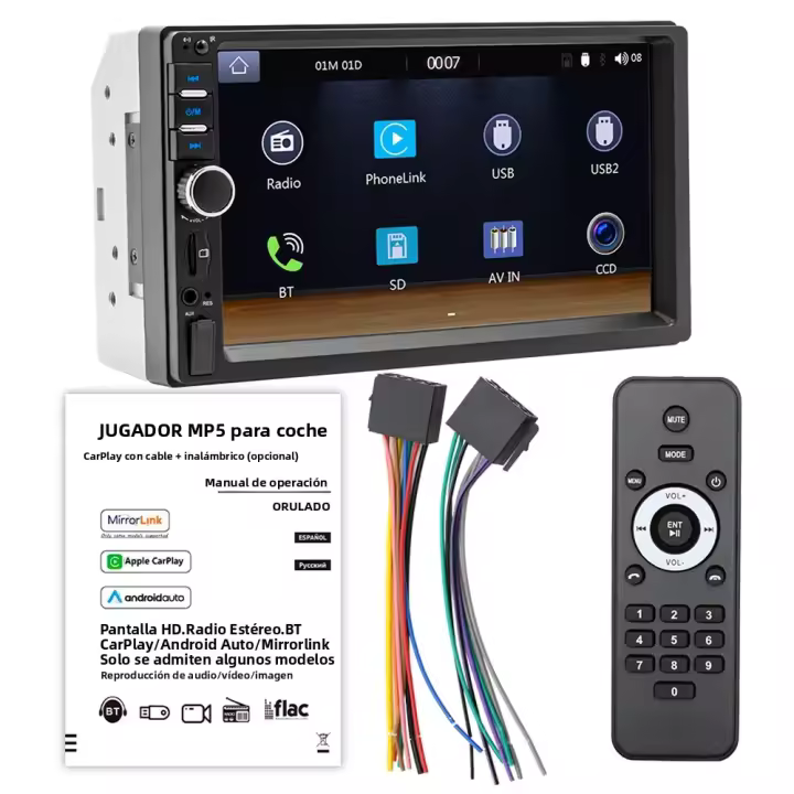 Reproductor De Coche BQCC 7'' MP5 Con Pantalla Táctil Android AUTO CarPlay BT AUX Luz Colorida Radio FM F7018C Para Vehículos - 1