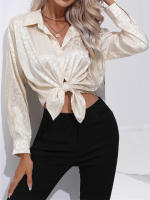 Camisa De Satén Para Mujer Con Cuello Band-collar Y Botones Manga Larga Leopardo Elegante Blusa Casual De Edad Media - details 12