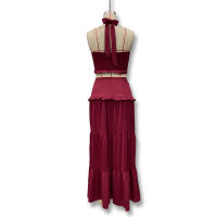 Conjunto Elegante De 2 Piezas Para Mujer Halter Sin Espalda Camisola De Cintura Elástica Con Volantes + Falda Larga De Encaje Sólida Vestido De Noche Para Fiesta Y Vacaciones En La Calle - details 13