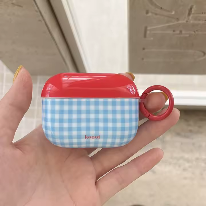 Funda Para AirPods 1/2/3/4 Y pro Con Colgante De Hongo Chequero Rojo Y Azul Diseño Lindo Y Protección Resistente De Plástico - 1