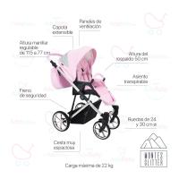 Carrito Montes Rosa Plata Glitter 2 piezas AdaBaby, Dos piezas: capazo y silleta, Bolso, cobertura de lluvia, mosquitera, botellero y cubrepiés, Silleta hasta 22kg, plegable con el chasis en ambos sentidos, Tejidos de ecopiel y capotas de brillo - details 1
