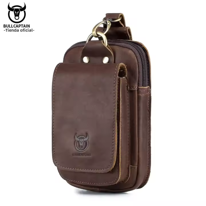 BULLCAPTAIN Bolso De Cintura De Cuero Genuino Moda Pequeño Para Verano Con Diseño De Gancho Y Bolsillo Para Celular Y Cigarrillos 6 Pulgadas Bolsa De Hombro Para Hombres - 1