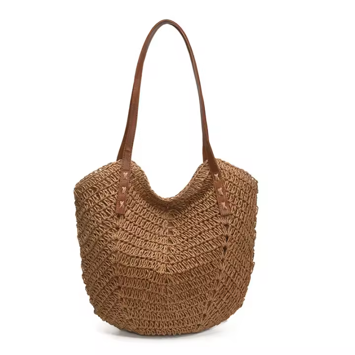 Bolso de Paja para Mujer, Bolso Cruzado de Verano, Bolso de Mano Hecho a Mano de Ratán, Bolso de Gran Capacidad Ideal para Viajes, Vacaciones y Compras - Caqui - 1