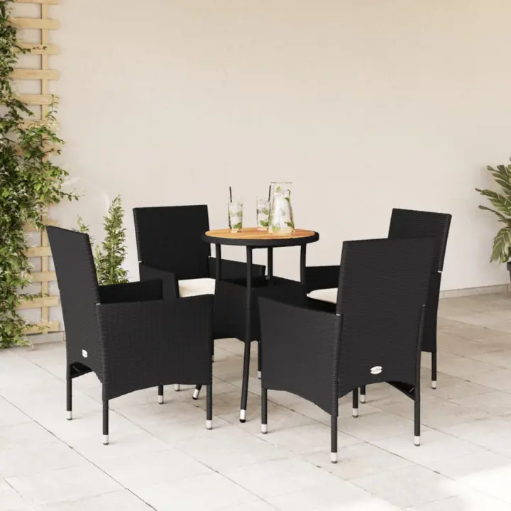 vidaXL Set de comedor jardín 5 pzas con cojines ratán PE acacia negro - 1