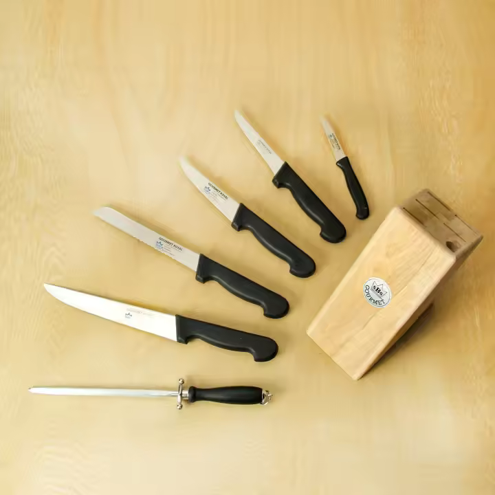 Crc Juego de 5 Cuchillos de Cocina Forjados en Acero Inoxidable con Afilador Manual y Taco de Madera - 1