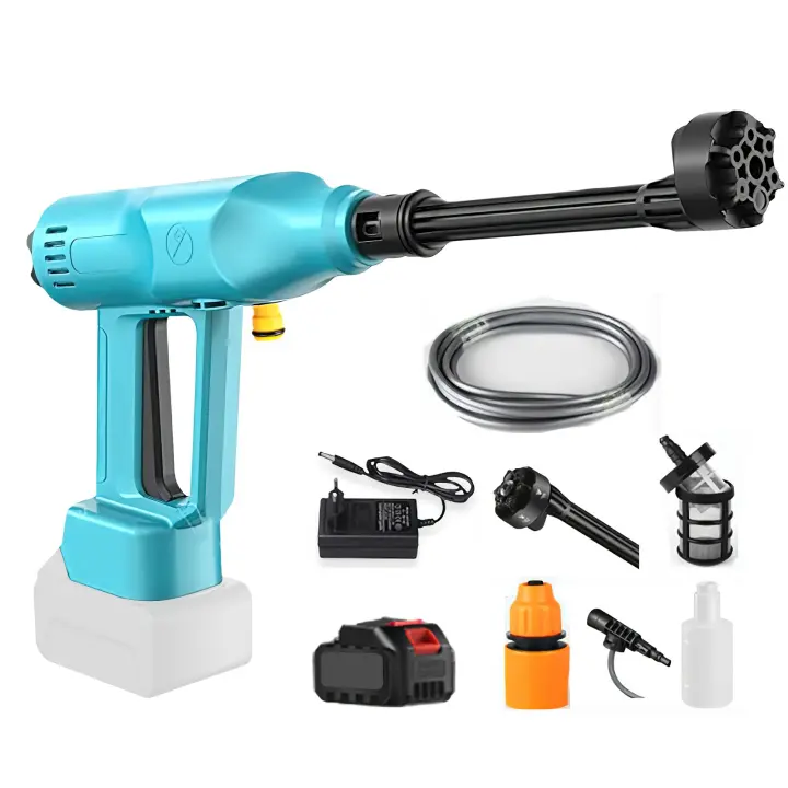 6 en 1 pistola de agua eléctrica multifuncional de alta presión, 200Bar, con 1 batería, 5 metros de tubería de agua, boquilla ajustable. Ideal para lavar autos, regar flores, regar verduras, rociar, limpiar jardines, etc. - 1