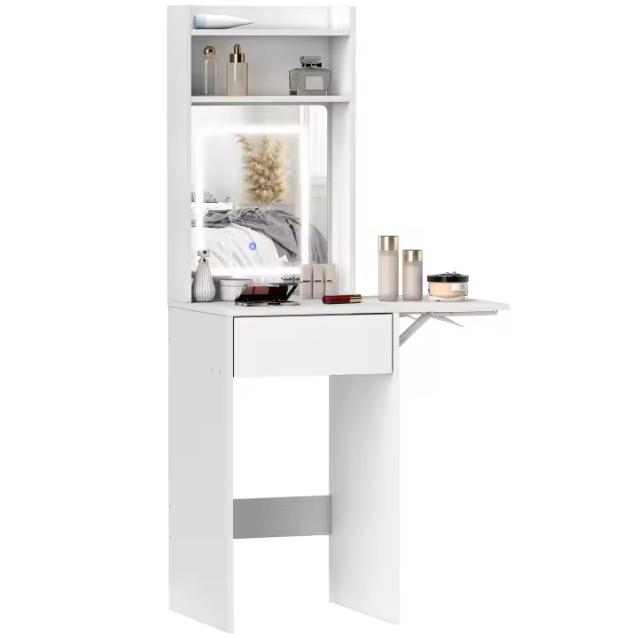 HOMCOM Tocador de Maquillaje con Luces LED de Color Ajustable y Espejo Tocador con Lateral Abatible Cajón Compartimentos Abiertos para Espacios Pequeños Blanco - 1