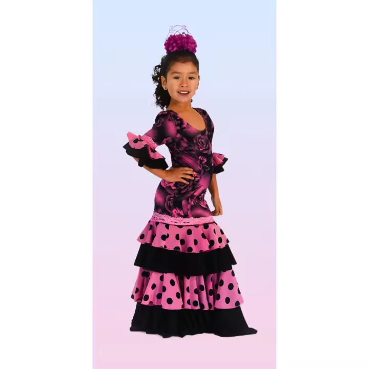 Vestido flamenco de niña con diseño floreal y mangas 3/4 con volantes a topos - 1