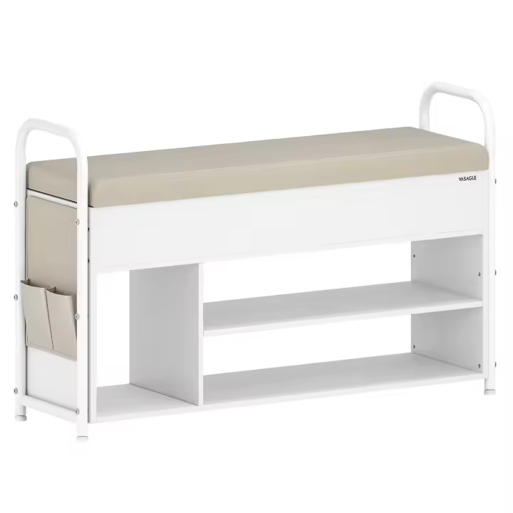 VASAGLE Banco Zapatero, Zapatero, Mueble de Entrada, Almacenamiento Interior Bajo la Tapa, Bolsillos de PU, Cómodas Asas, para Entrada, Salón, Dormitorio, Marrón Rústico y Negro Tinta/Blanco Nube y Beige Capuchino - 1