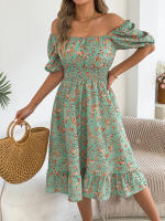 Vestido Elegante De Primavera Y Verano Para Mujer Con Estampado Floral Cuello Cuadrado Manga Corta Volante Al Borde Vestido A-Line De Rodilla - details 8