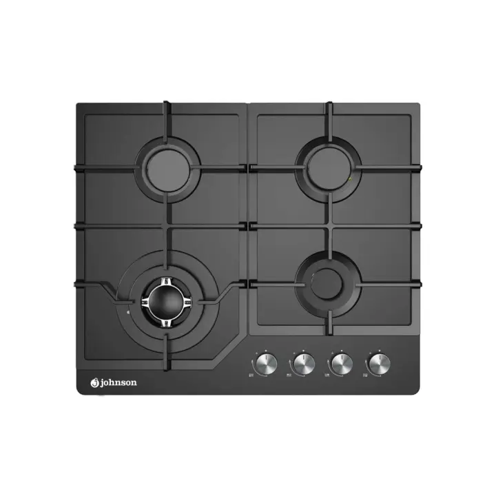 Meimon Encimera de Gas Johnson de Cristal Negro con 4 Zonas de Cocción (Triple llama, semi-rápido, auxiliar), Autoencendido, Parrillas de Hierro Fundido, Mandos Plata, Válvula de Seguridad, Gas Butano/Kit Gas Natural, 60x51 cm - 1