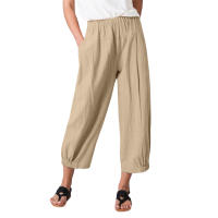 Pantalones Anchos De Algodón Para Mujer En Color Sólido Con Cintura Elástica Y Bolsillos Estilo Casual Vintage Streetwear - details 5