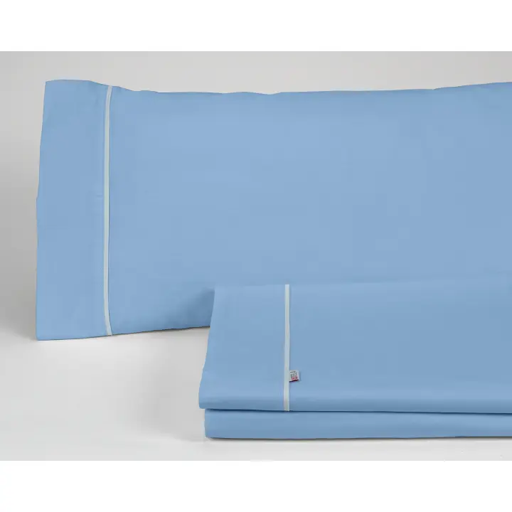 Juego de sábanas liso color azul claro - Cama de 160 (4 piezas) - 50% algodón / 50% poliéster - 144 hilos. Gramage: 115 - Fijalo - 1