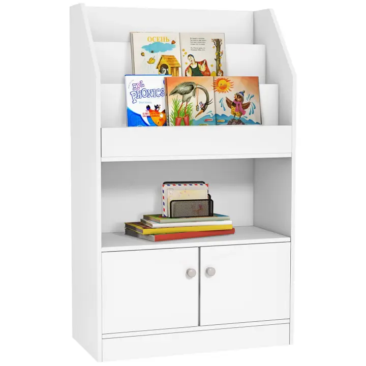 ZONEKIZ Estantería Juguetes Infantil Librería para Niños de 3 a 8 Años para Juguetes Libros Zapatos con 3 Compartimentos y 2 Armarios para Escuela Dormitorio 60x29,5x100 cm Blanco - 1
