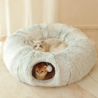 Cama De Gato De Peluche Con Tunnel Multifuncional Para Gatos De Interior Donut Fluffy Con Agujero Para Observar Material De Plush - details 4