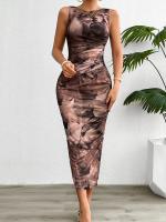 Vestido Slimming Sin Mangas Estampado De Moda Para Mujer Primavera Verano 2024 Cuello Redondo Con Rotura A-Line De Pierna Larga Estilo Playa - details 5