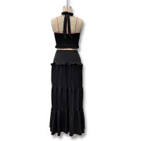 Conjunto Elegante De 2 Piezas Para Mujer Halter Sin Espalda Camisola De Cintura Elástica Con Volantes + Falda Larga De Encaje Sólida Vestido De Noche Para Fiesta Y Vacaciones En La Calle - details 16