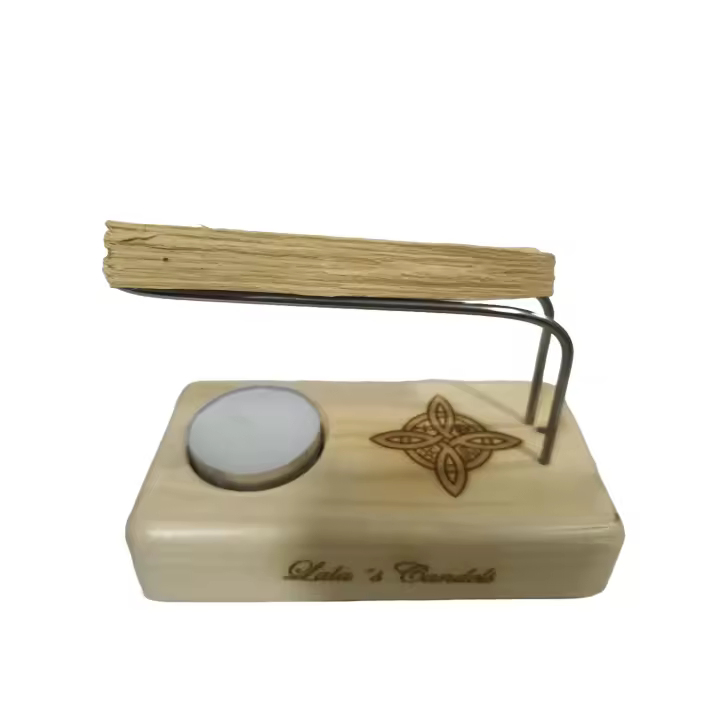 Quemador de Palo Santo de madera natural con grabado Nudo de Bruja, soporte de acero inoxidable, vela de té, Palo Santo. Marca Lala´s candels - 1