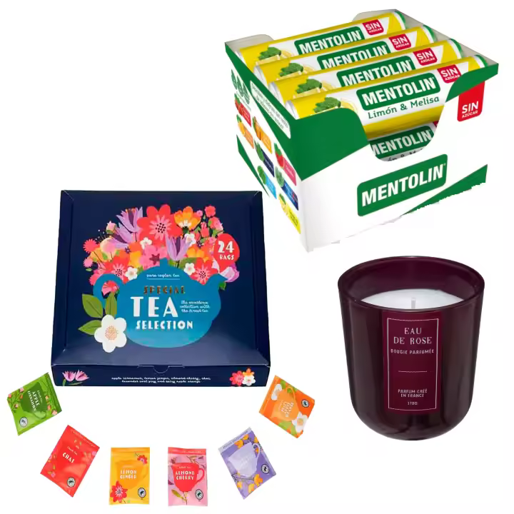 Pack Balsámico: MENTOLIN LIMON MEL S/A TUBO 12X20G + Vela rosa de silicona 170 g + Set de Te con 24 bolsitas con diferentes sabores y aromas - 1