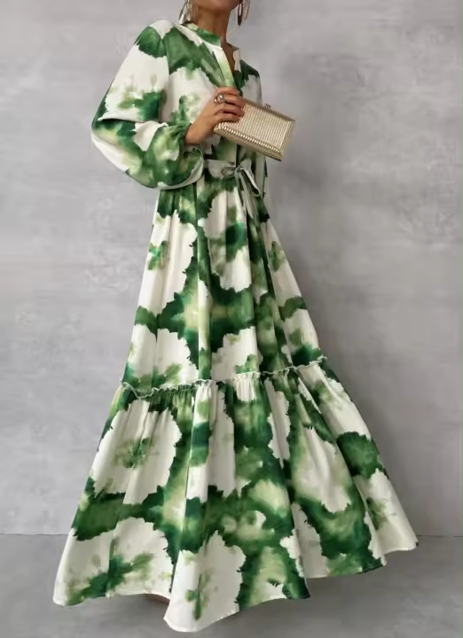 Vestido Maxi Verano Elegante Para Mujer Con Estampado Verde Manga Larga Cuello V Ajuste De Cintura Largo Moda Fiesta Vestido - 1