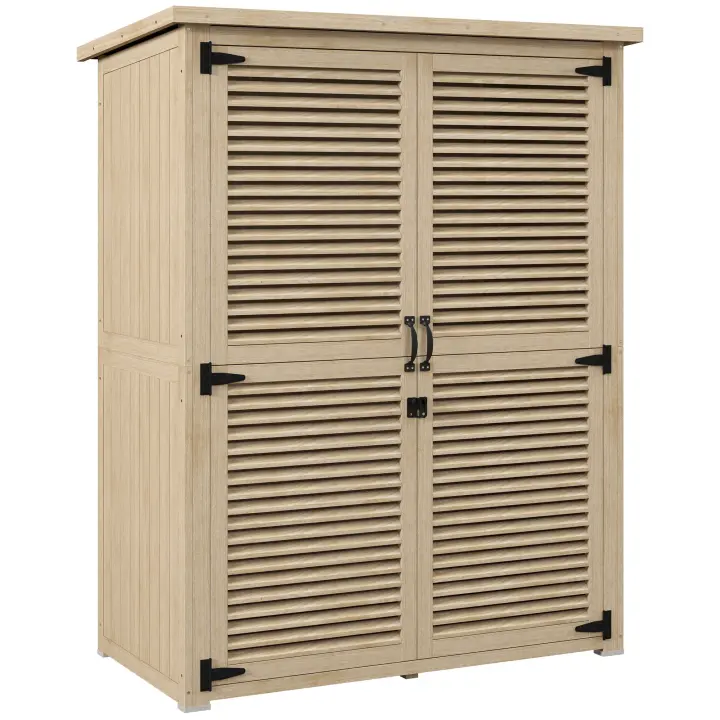Outsunny Cobertizo de Madera 0,83 m² 127x65x168 cm Armario de Exterior de Madera con 2 Puertas de Persiana 2 Estantes 2 Asas y Techo Impermeable para Jardín Natural - 1
