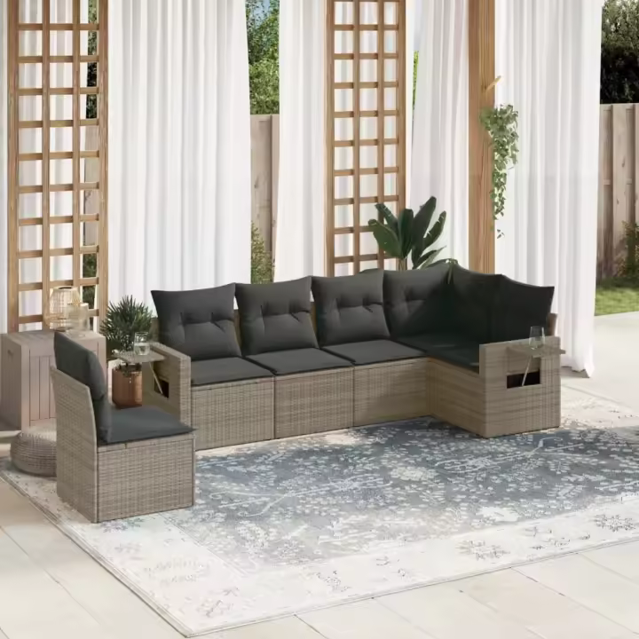 vidaXL Set de muebles de jardín 6 pzas y cojines ratán sintético gris - 1