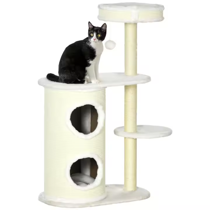 PawHut Rascador para gatos, 100 cm, árbol trepador con barril rascador, rascador para gatos, árbol para gatos con columna de sisal y pelota de juego, mueble para gatos con cojín, felpa, blanco crema - 1