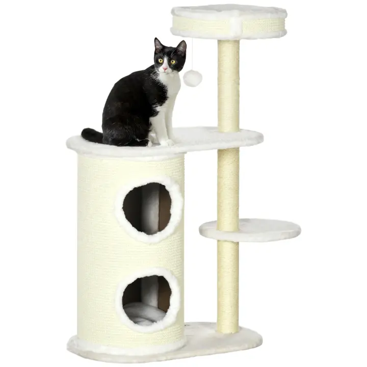 PawHut Rascador para gatos, 100 cm, árbol trepador con barril rascador, rascador para gatos, árbol para gatos con columna de sisal y pelota de juego, mueble para gatos con cojín, felpa, blanco crema - 1
