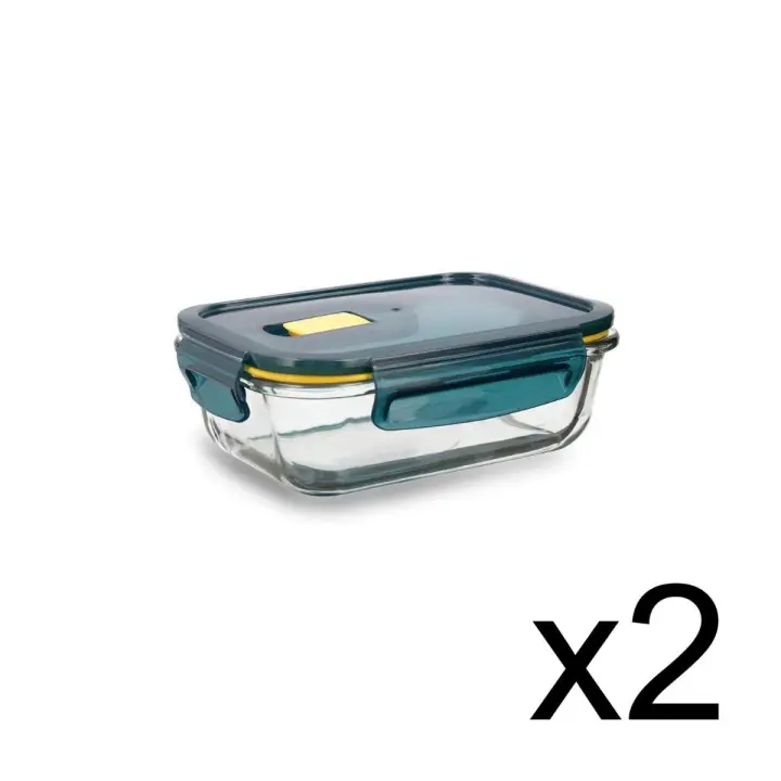 QUID ASTRAL 2 Recipiente Rectangular Hermético Vidri 18x13x6CM - 64CL Azul  Tapa 4 cierres herméticos 100% con válvula Reciclable - 1