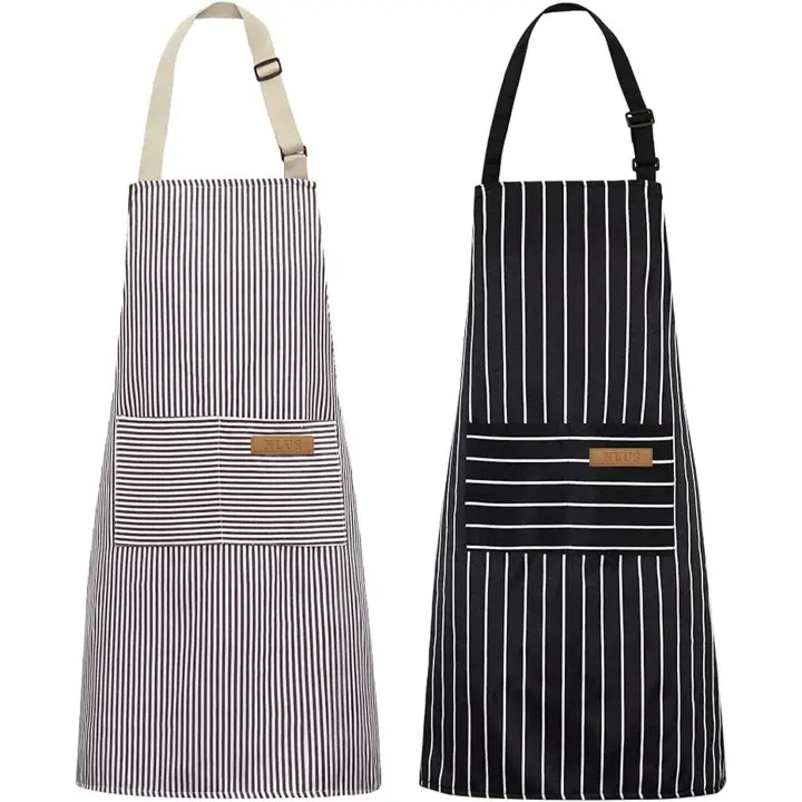 Pack de delantales de cocina, delantal de chef suave con cierre estable 2 bolsillos para hombre mujer (rayas negras y marrones) - 1