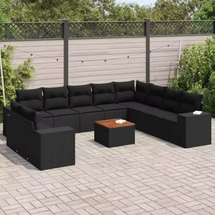 vidaXL Set de sofás de jardín 11 pzas y cojines ratán sintético negro - 1