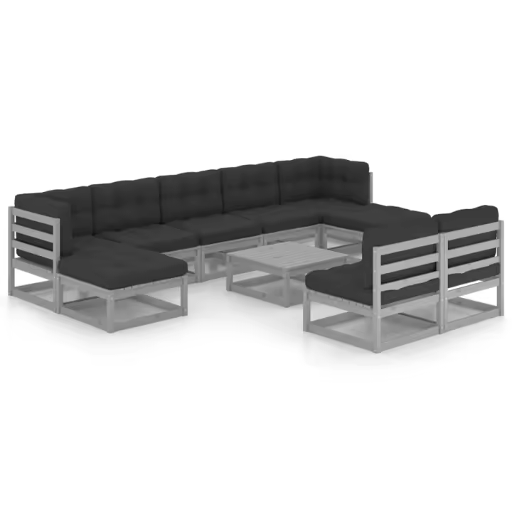 vidaXL Set de muebles de jardín 10 pzas con cojines madera pino gris - 1