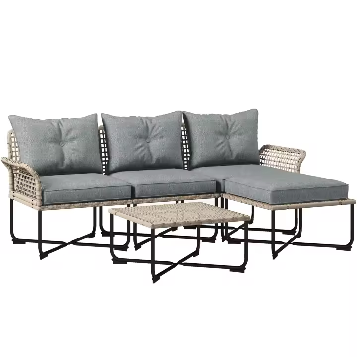 Outsunny Conjunto de Jardín de Ratán Sintético Juego de 5 Piezas Muebles de Jardín con 2 Sofás Esquineras 1 Sofá de Exterior 1 Taburete 1 Mesa de Centro y Cojines para Terraza Patio - 1