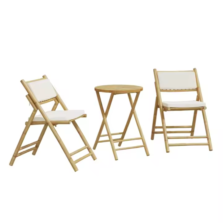 vidaXL Juego bistró plegable de bambú 3 pzas con cojines blanco crema - 1