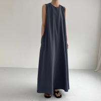 Vestido Maxi De Verano Para Mujer REALEFT 2024 Color Sólido Elegante Con Bolsillos Cintura Suelta Sin Mangas Casual Largo Hasta La Rodilla Material Algodón Y Poliéster - details 16