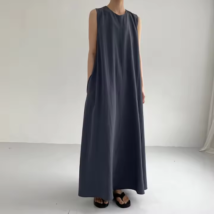 Vestido Maxi De Verano Para Mujer REALEFT 2024 Color Sólido Elegante Con Bolsillos Cintura Suelta Sin Mangas Casual Largo Hasta La Rodilla Material Algodón Y Poliéster - 1