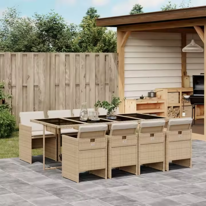 vidaXL Set comedor de jardín 9 pzas con cojines ratán sintético beige - 1