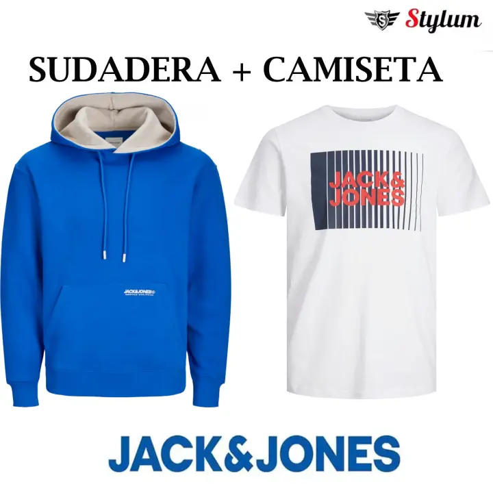 Jack & Jones Pack Sudadera + Camiseta Hombre , Con capucha ajustable ,Color Nautical Blue y White Logo estampado Moda Casual Informal OTOÑO INVIERNO - 1