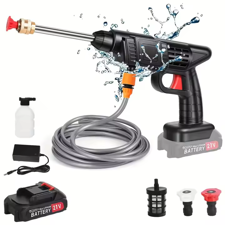 Limpieza Profesional Hidrolavadora Electrica Inalambrica 24V Bateria 6000mAh Potencia 200W Presion 35 Bar Caudal 240Lh Alcance 10M Manguera 5m ABS Metal Kit Completo con Varilla Cobre Filtro Espumador Adaptadores Para Coche Moto Bici Terrazas - 1