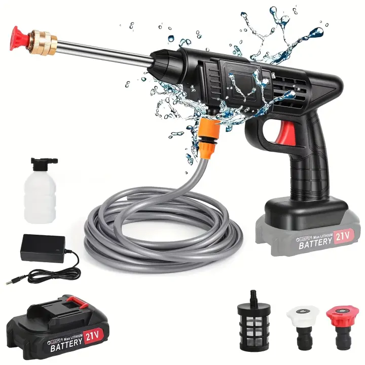 Limpieza Profesional Hidrolavadora Electrica Inalambrica 24V Bateria 6000mAh Potencia 200W Presion 35 Bar Caudal 240Lh Alcance 10M Manguera 5m ABS Metal Kit Completo con Varilla Cobre Filtro Espumador Adaptadores Para Coche Moto Bici Terrazas - 1
