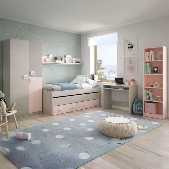 Pack Habitación Juvenil Infantil Rosa Gris Blanco Alpes (Cama Nido + estante + armario + escritorio + estantería) Con Somieres - 1