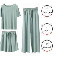 Conjunto De Pijamas Para Mujer De Seda Hielo 3 Piezas Camiseta Y Shorts Casual Cómodo Verano Otoño Estilo Básico Color Sólido Talla Grande - details 4