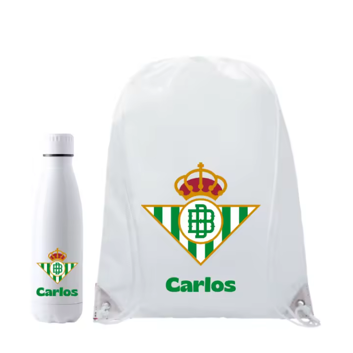Mochila + Botella termo 700ml + taza 350ml  - (DEJAR NOMBRE EN CHAT O NOTAS) Escudo del Real Betis + nombre - 1