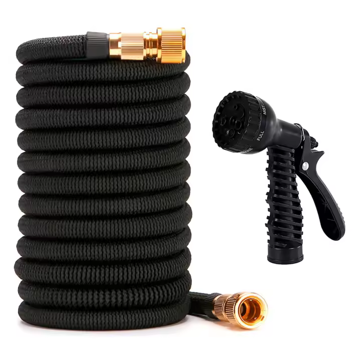 Manguera de riego extensible para jardín | Manguera flexible con boquilla de 8 funciones | Manguera para riego de jardín, limpieza y lavado de coche | Longitud extendida 15 metros |  | Colores rojo y negro, envío aleatorio | Marca RevolutionLine - 1