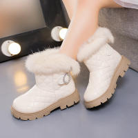 Botas De Invierno Para Niñas De Moda Con Pelo De Pluma Grueso Y Cálido Color Sólido Botas Cortas Para Niñas Estilo Británico Con Cierre SLIP-ON Talla Verdadera - details 3