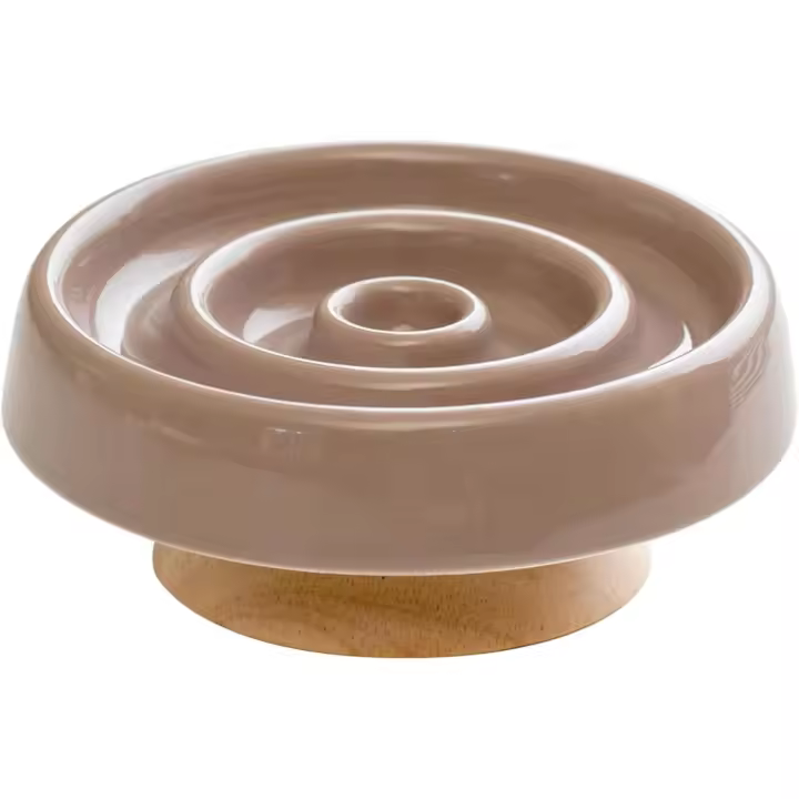 Comedero de Cerámica para Gatos de Alimentación Slow, Elevado y con soporte de Madera, form circular (1 Cuenco con soporte, MARRON, 15,5 cm) - 1